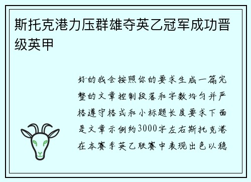 斯托克港力压群雄夺英乙冠军成功晋级英甲
